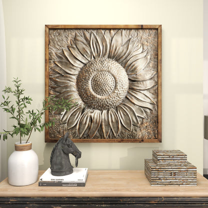 Décoration murale florale en métal représentant un tournesol avec détails en relief - Gris - Roche River Decor
