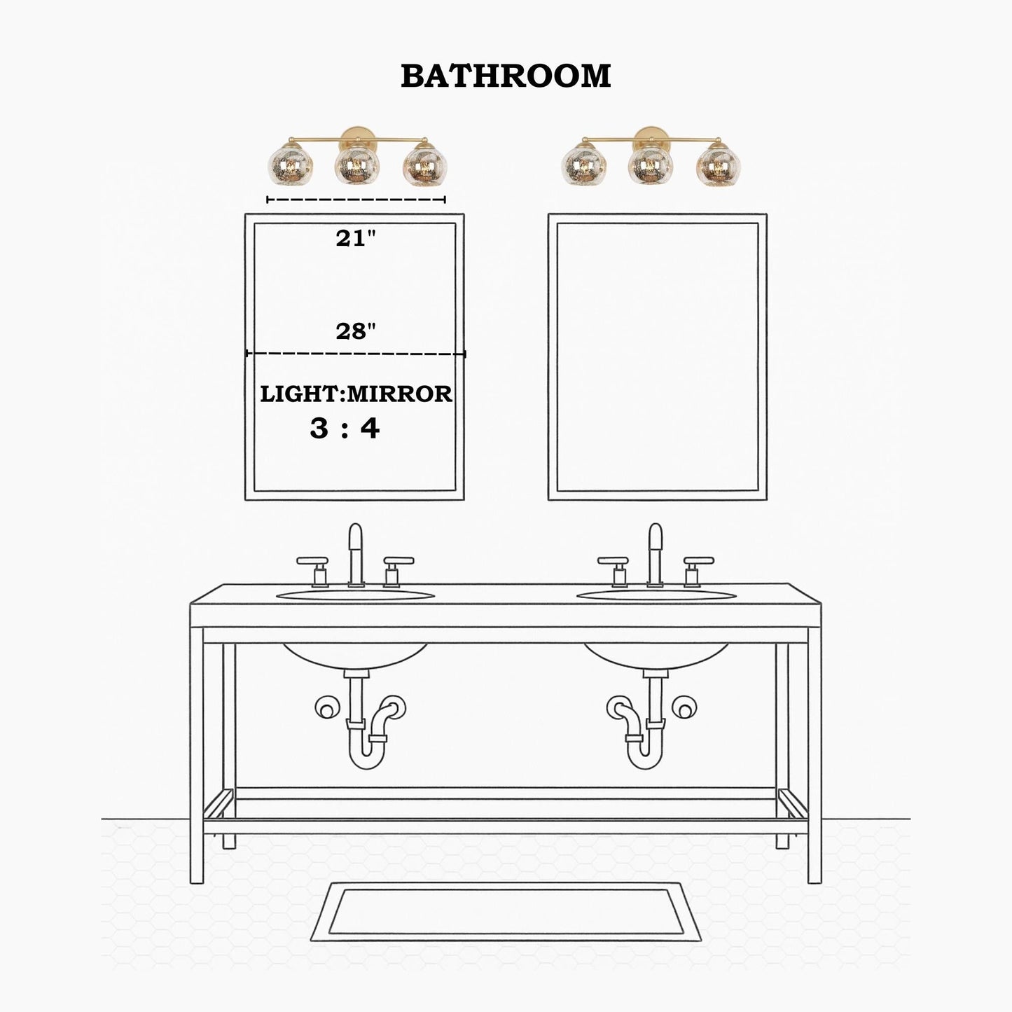 Applique murale de salle de bain à 3 lumières, style moderne du milieu du siècle, dorée, avec verre au mercure - 53 L x 18 l x 20 h (cm)