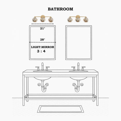 Applique murale de salle de bain à 3 lumières, style moderne du milieu du siècle, dorée, avec verre au mercure - 53 L x 18 l x 20 h (cm)