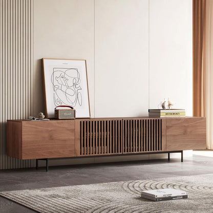 Meuble TV style Mid-Century Modern avec 4 portes et rangements, compatible avec les télévisions jusqu'à 100 pouces, meuble de salon multimédia.