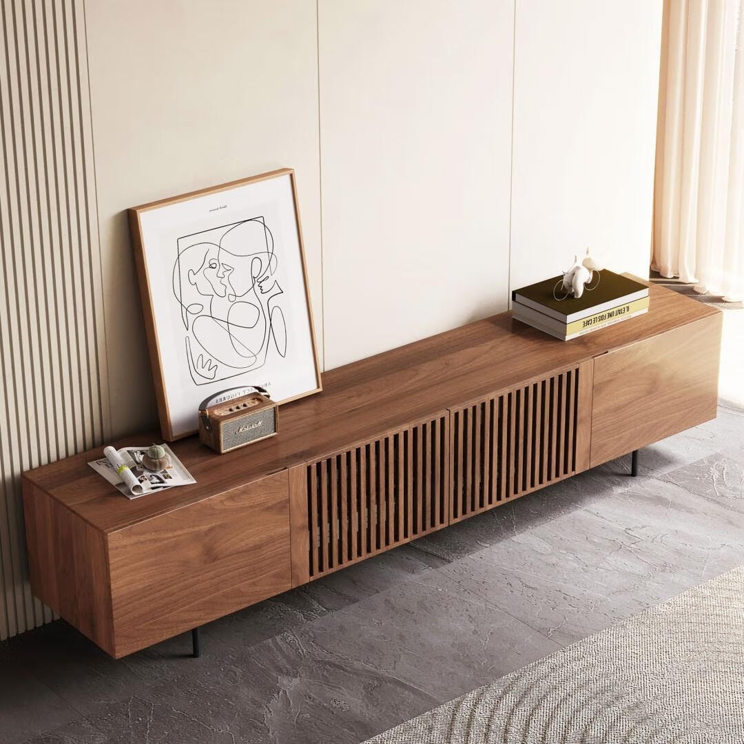 Meuble TV style Mid-Century Modern avec 4 portes et rangements, compatible avec les télévisions jusqu'à 100 pouces, meuble de salon multimédia.