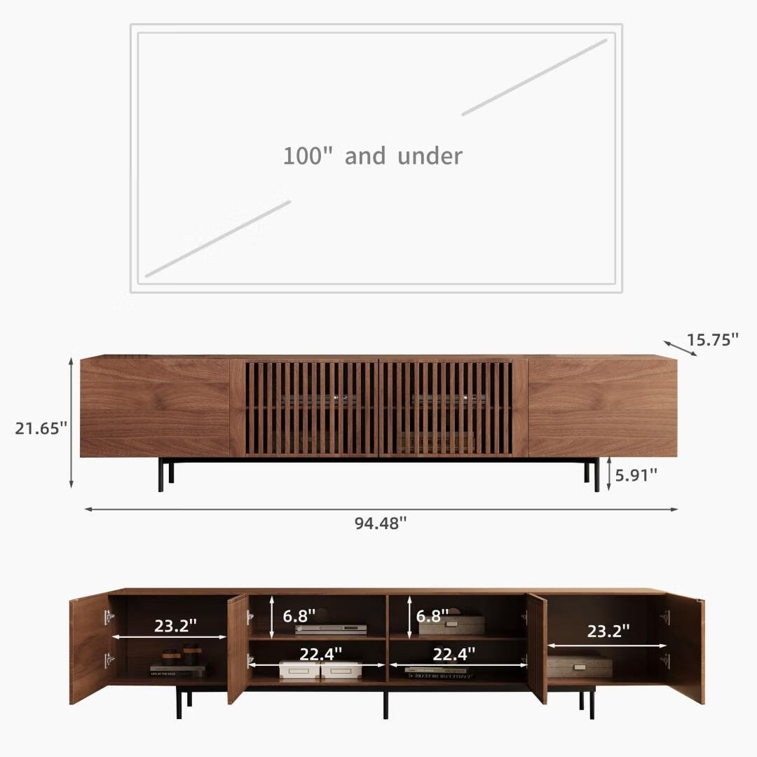 Meuble TV style Mid-Century Modern avec 4 portes et rangements, compatible avec les télévisions jusqu'à 100 pouces, meuble de salon multimédia.