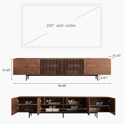 Meuble TV style Mid-Century Modern avec 4 portes et rangements, compatible avec les télévisions jusqu'à 100 pouces, meuble de salon multimédia.