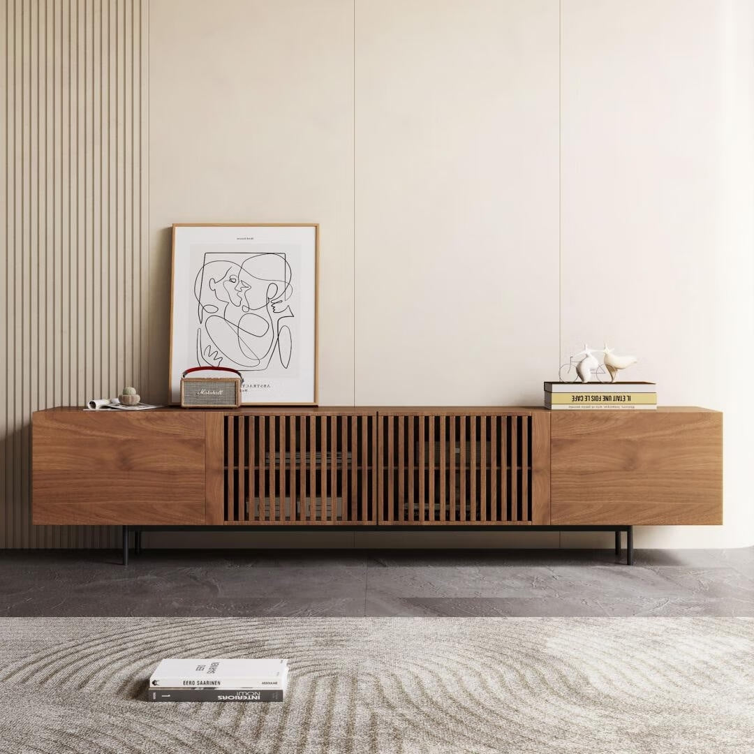 Meuble TV style Mid-Century Modern avec 4 portes et rangements, compatible avec les télévisions jusqu'à 100 pouces, meuble de salon multimédia.
