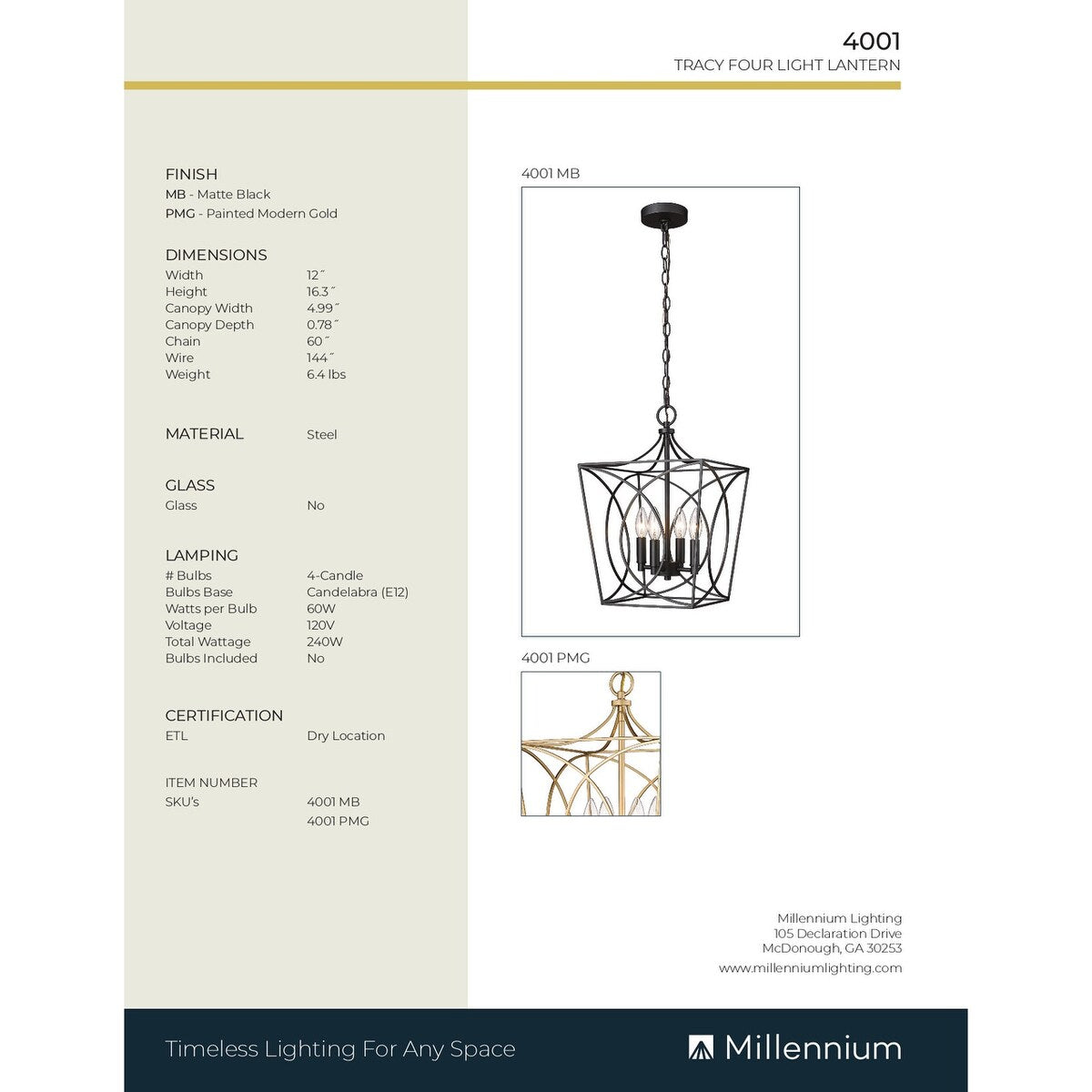 Suspension Tracy à 4 lumières de Millennium Lighting, disponible en plusieurs finitions