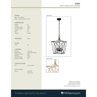 Suspension Tracy à 4 lumières de Millennium Lighting, disponible en plusieurs finitions