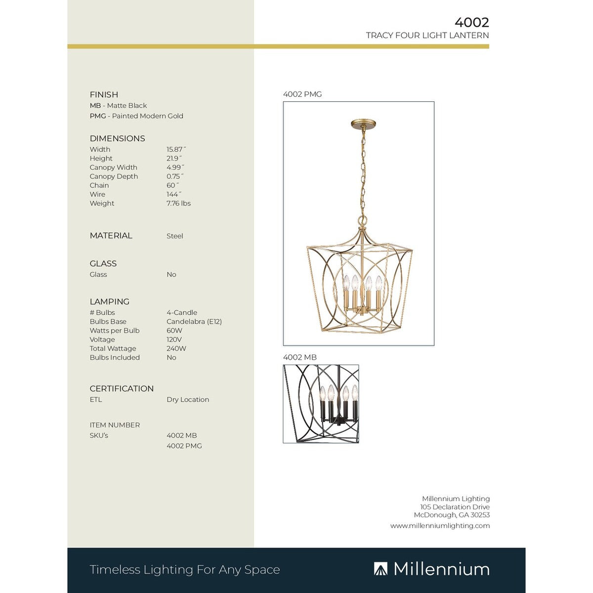 Suspension Tracy à 4 lumières de Millennium Lighting, disponible en plusieurs finitions