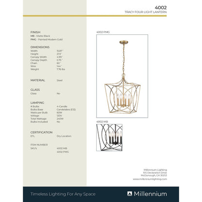 Suspension Tracy à 4 lumières de Millennium Lighting, disponible en plusieurs finitions
