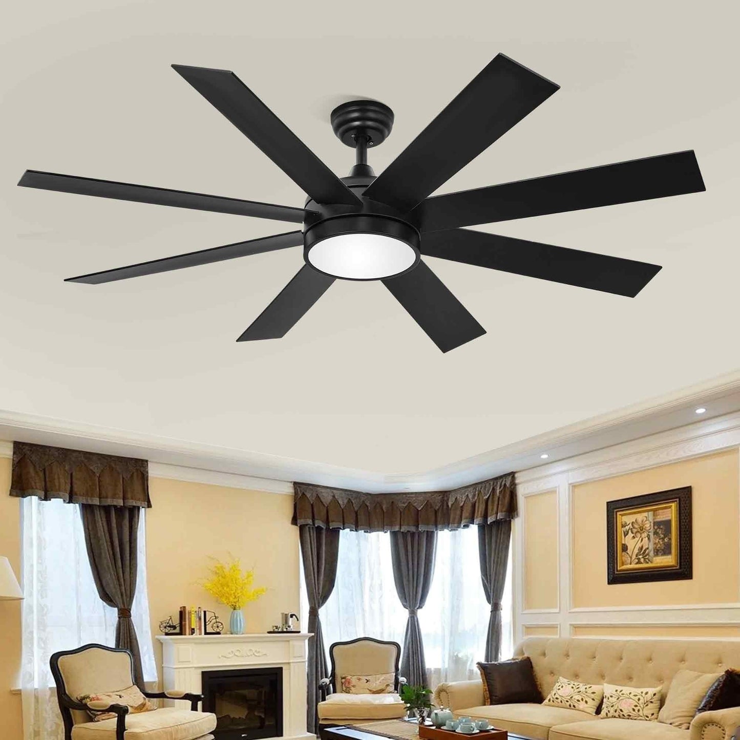 Ventilateur de plafond Moasis noir mat de 60 pouces avec 8 pales, éclairage LED et télécommande - 60