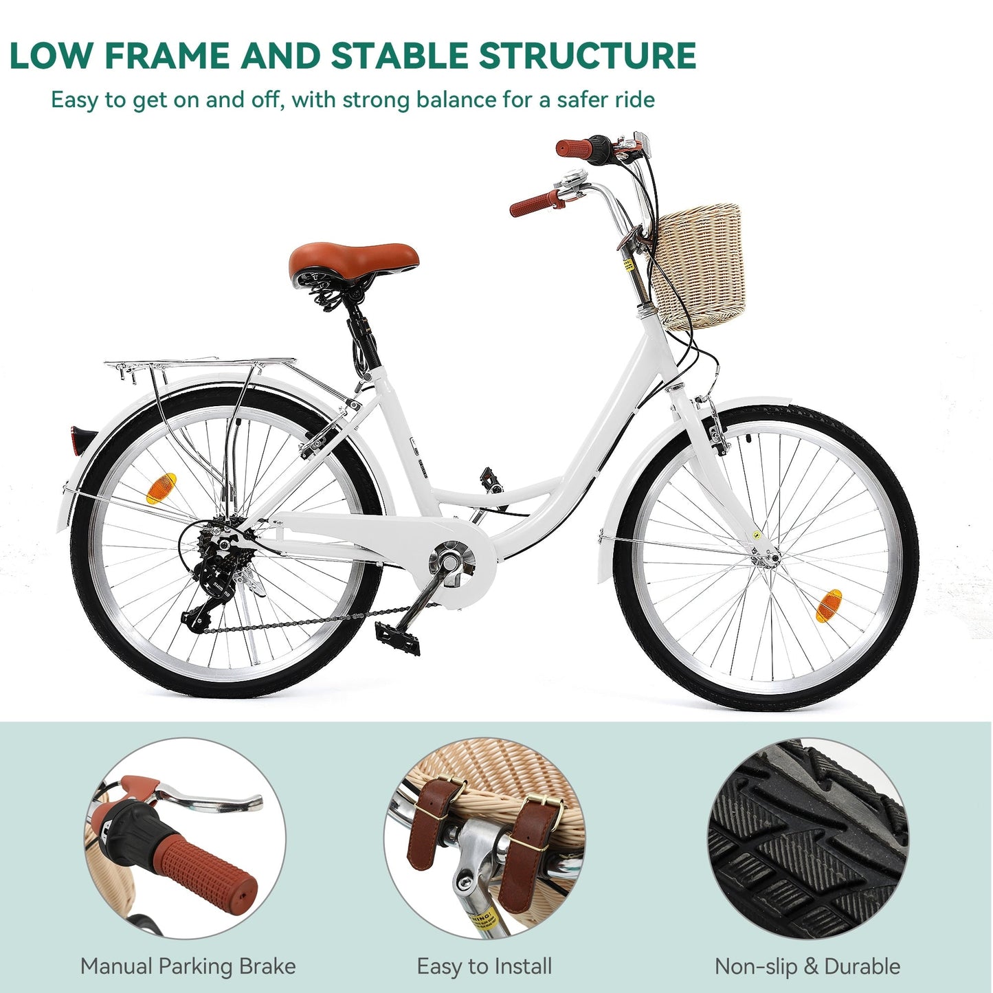 Moasis24/26 Vélo de ville à 7 vitesses, vélo de croisière à pas réglable, vélo de trajet domicile-travail.