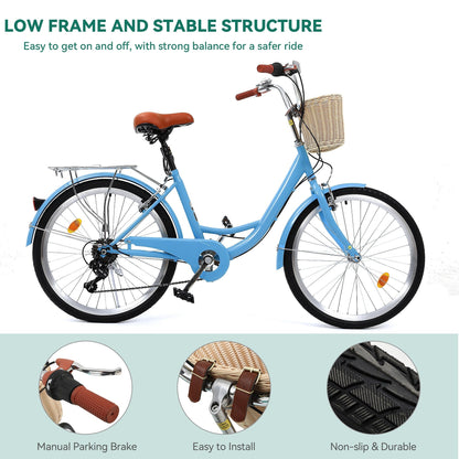Moasis24/26 Vélo de ville à 7 vitesses, vélo de croisière à pas réglable, vélo de trajet domicile-travail.
