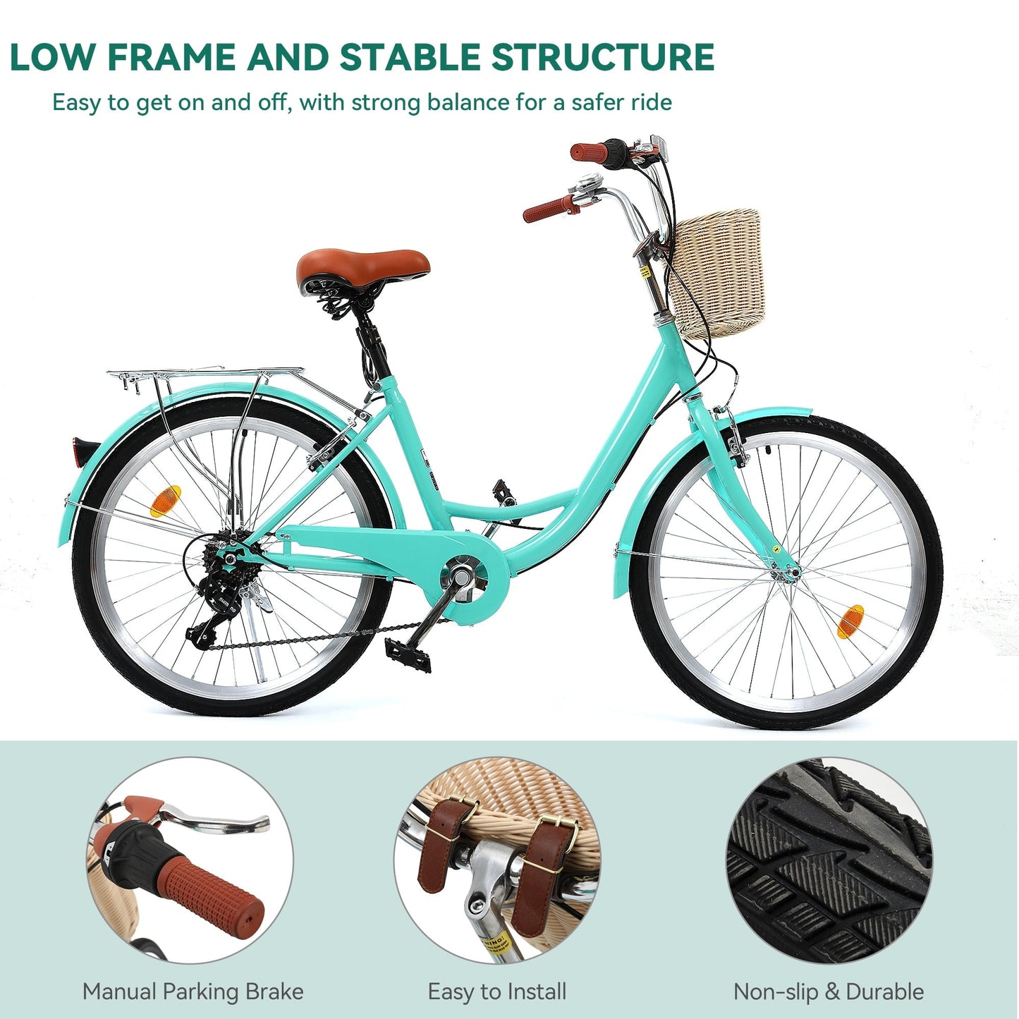 Moasis24/26 Vélo de ville à 7 vitesses, vélo de croisière à pas réglable, vélo de trajet domicile-travail.