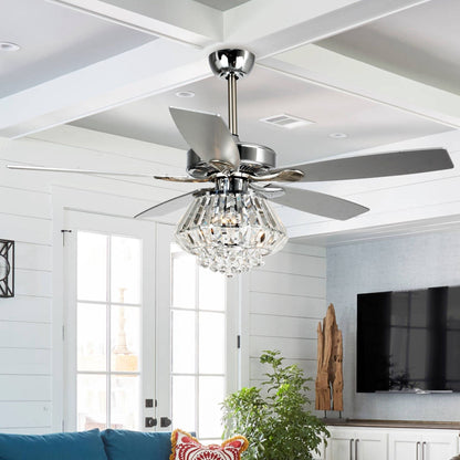Ventilateur de plafond avec lustre en cristal chromé moderne de 52 pouces avec télécommande