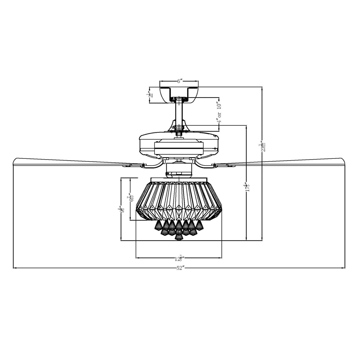Ventilateur de plafond avec lustre en cristal chromé moderne de 52 pouces avec télécommande