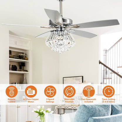 Ventilateur de plafond avec lustre en cristal chromé moderne de 52 pouces avec télécommande