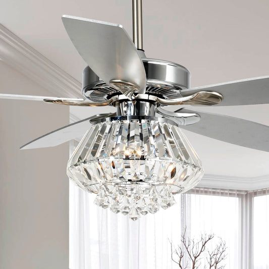 Ventilateur de plafond avec lustre en cristal chromé moderne de 52 pouces avec télécommande