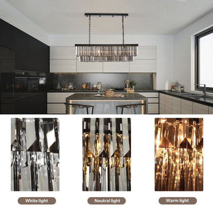 Luminaire suspendu à 2 niveaux pour îlot de cuisine, style moderne et contemporain, avec cristaux, gris fumé et noir, 47 po.
