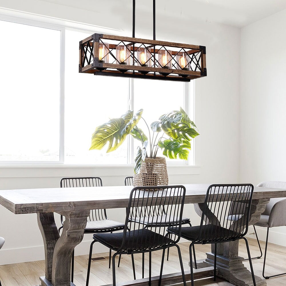 Luminaire suspendu rectangulaire en bois à 5 lumières, style ferme moderne, avec verre dépoli, pour îlot de cuisine, salle à manger - 79,9 cm L x 22,2 cm l x 20,3 cm H