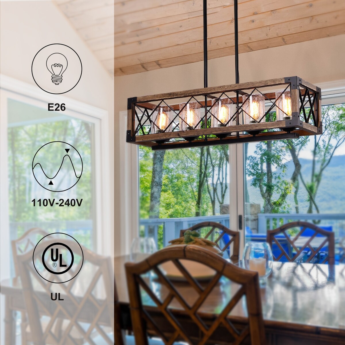Luminaire suspendu rectangulaire en bois à 5 lumières, style ferme moderne, avec verre dépoli, pour îlot de cuisine, salle à manger - 79,9 cm L x 22,2 cm l x 20,3 cm H