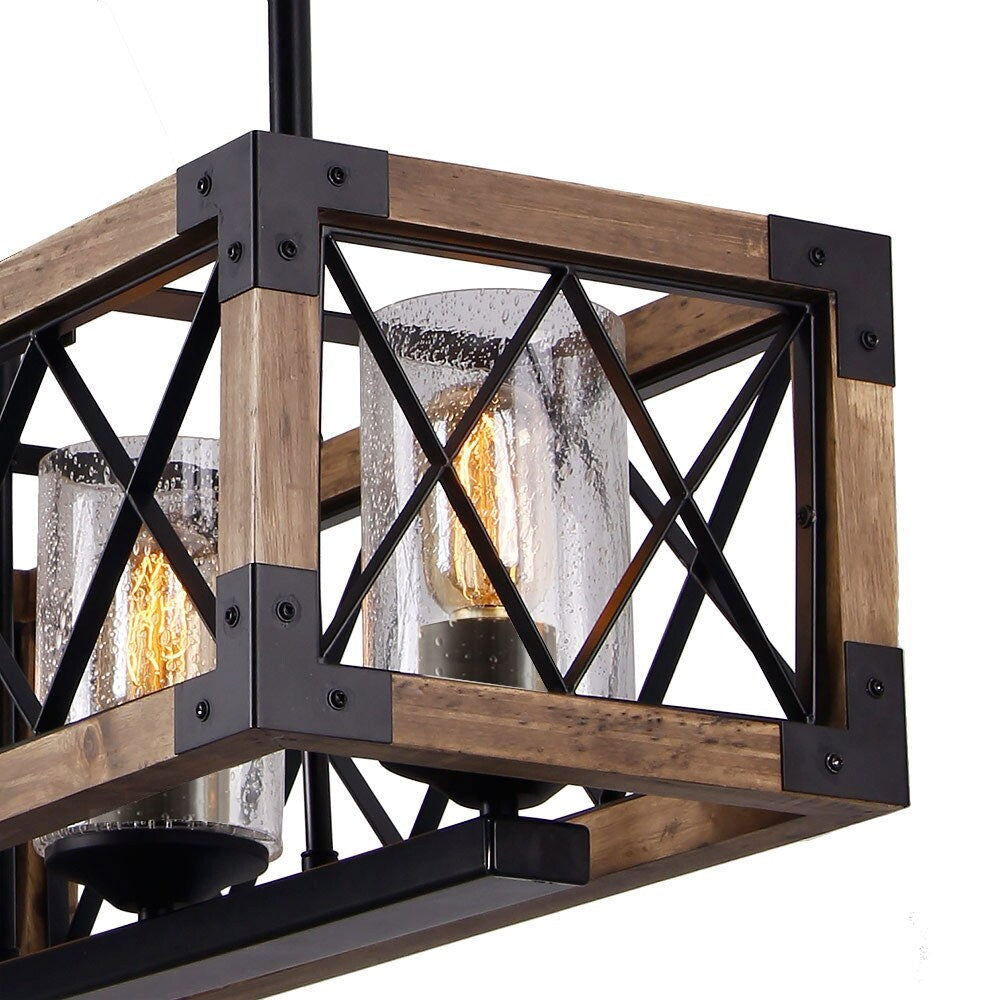 Luminaire suspendu rectangulaire en bois à 5 lumières, style ferme moderne, avec verre dépoli, pour îlot de cuisine, salle à manger - 79,9 cm L x 22,2 cm l x 20,3 cm H