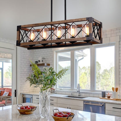 Luminaire suspendu rectangulaire en bois à 5 lumières, style ferme moderne, avec verre dépoli, pour îlot de cuisine, salle à manger - 79,9 cm L x 22,2 cm l x 20,3 cm H