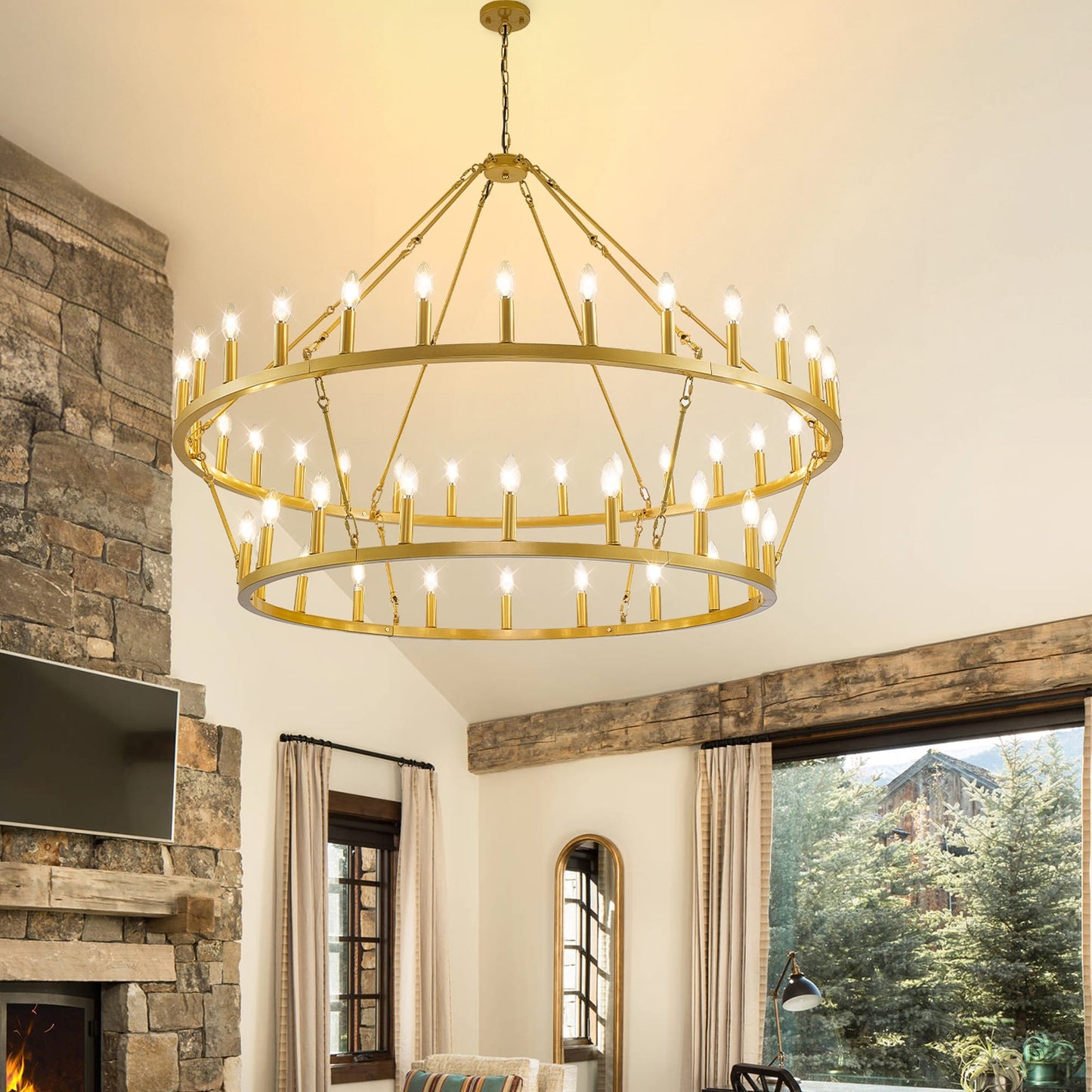 Luminaire suspendu moderne style ferme, lustre à 2 niveaux en forme de roue de charrette, grand luminaire pour plafond haut.