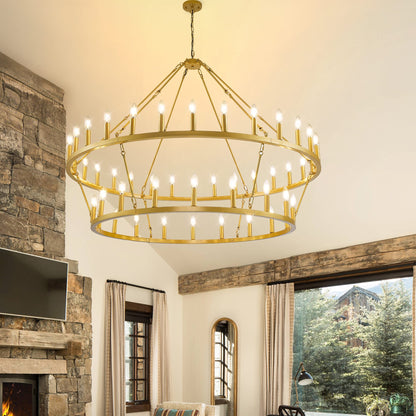 Luminaire suspendu moderne style ferme, lustre à 2 niveaux en forme de roue de charrette, grand luminaire pour plafond haut.