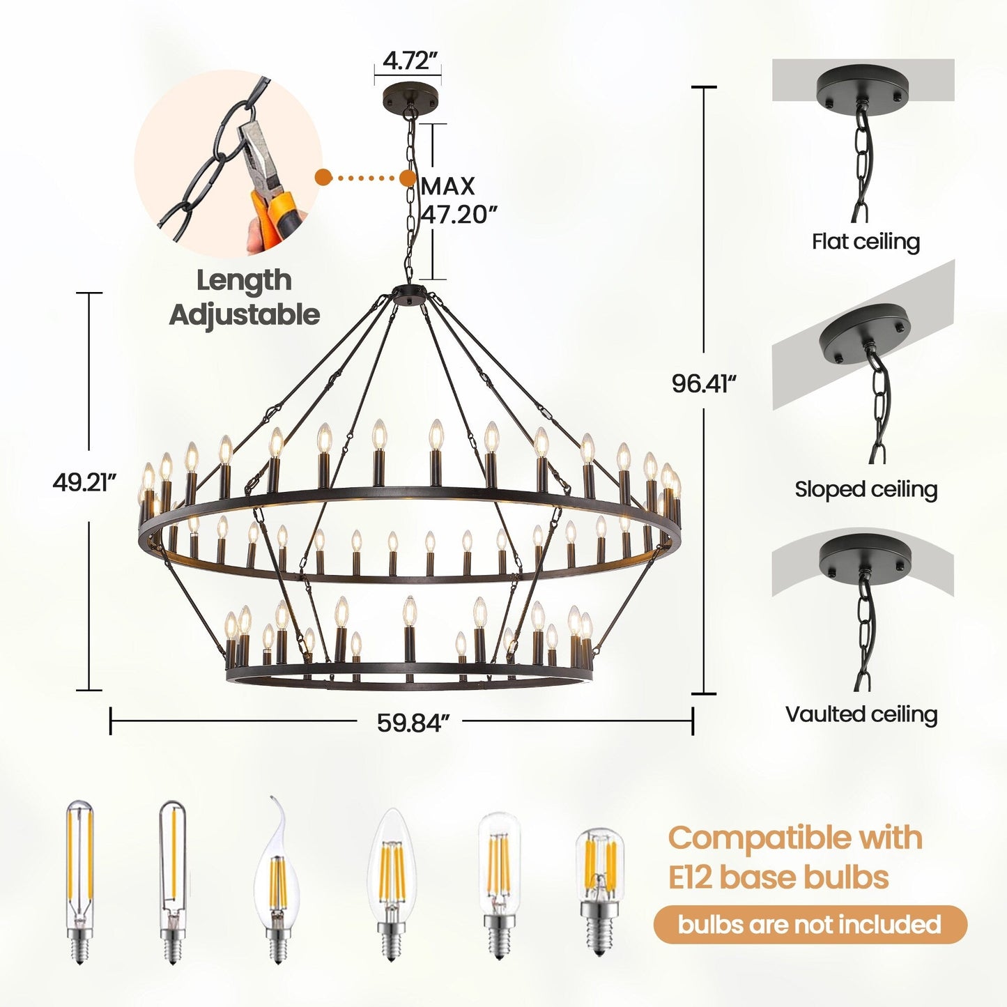 Luminaire suspendu moderne style ferme, lustre à 2 niveaux en forme de roue de charrette, grand luminaire pour plafond haut.