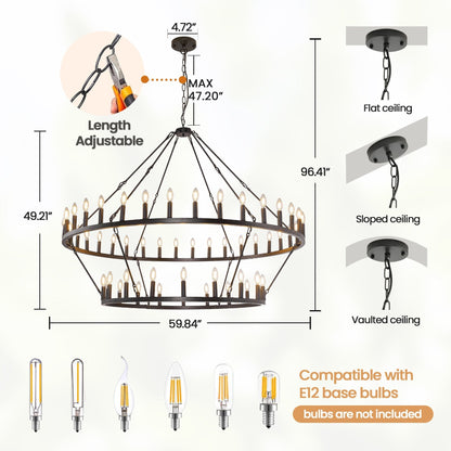 Luminaire suspendu moderne style ferme, lustre à 2 niveaux en forme de roue de charrette, grand luminaire pour plafond haut.