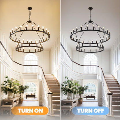 Luminaire suspendu moderne style ferme, lustre à 2 niveaux en forme de roue de charrette, grand luminaire pour plafond haut.