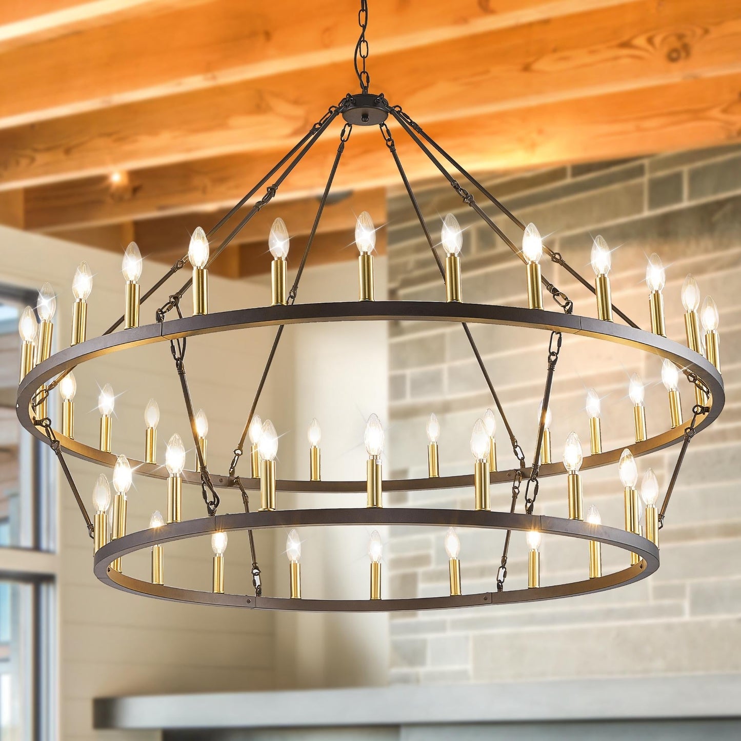 Luminaire suspendu moderne style ferme, lustre à 2 niveaux en forme de roue de charrette, grand luminaire pour plafond haut.