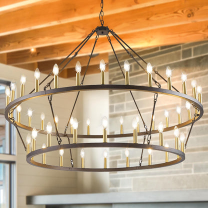 Luminaire suspendu moderne style ferme, lustre à 2 niveaux en forme de roue de charrette, grand luminaire pour plafond haut.