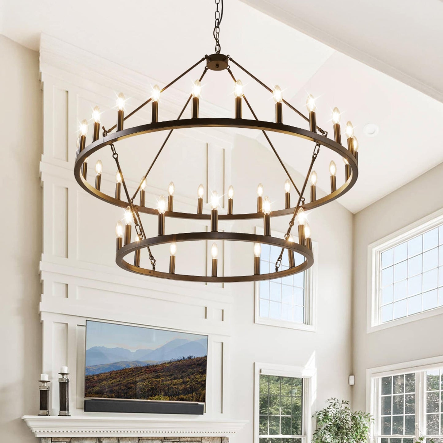 Luminaire suspendu moderne style ferme, lustre à 2 niveaux en forme de roue de charrette, grand luminaire pour plafond haut.