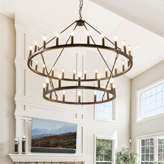 Luminaire suspendu moderne style ferme, lustre à 2 niveaux en forme de roue de charrette, grand luminaire pour plafond haut.