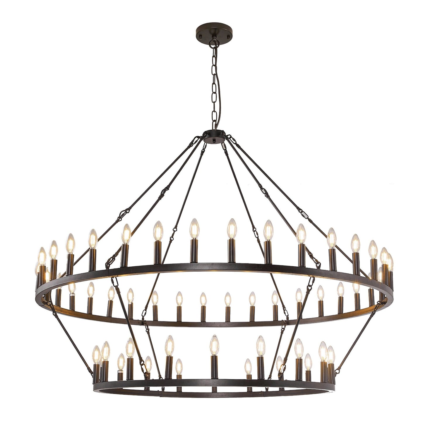 Luminaire suspendu moderne style ferme, lustre à 2 niveaux en forme de roue de charrette, grand luminaire pour plafond haut.