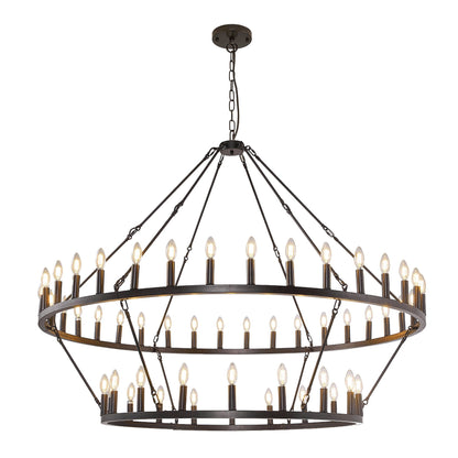 Luminaire suspendu moderne style ferme, lustre à 2 niveaux en forme de roue de charrette, grand luminaire pour plafond haut.