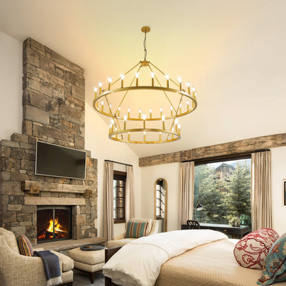 Luminaire suspendu moderne style ferme, lustre à 2 niveaux en forme de roue de charrette, grand luminaire pour plafond haut.
