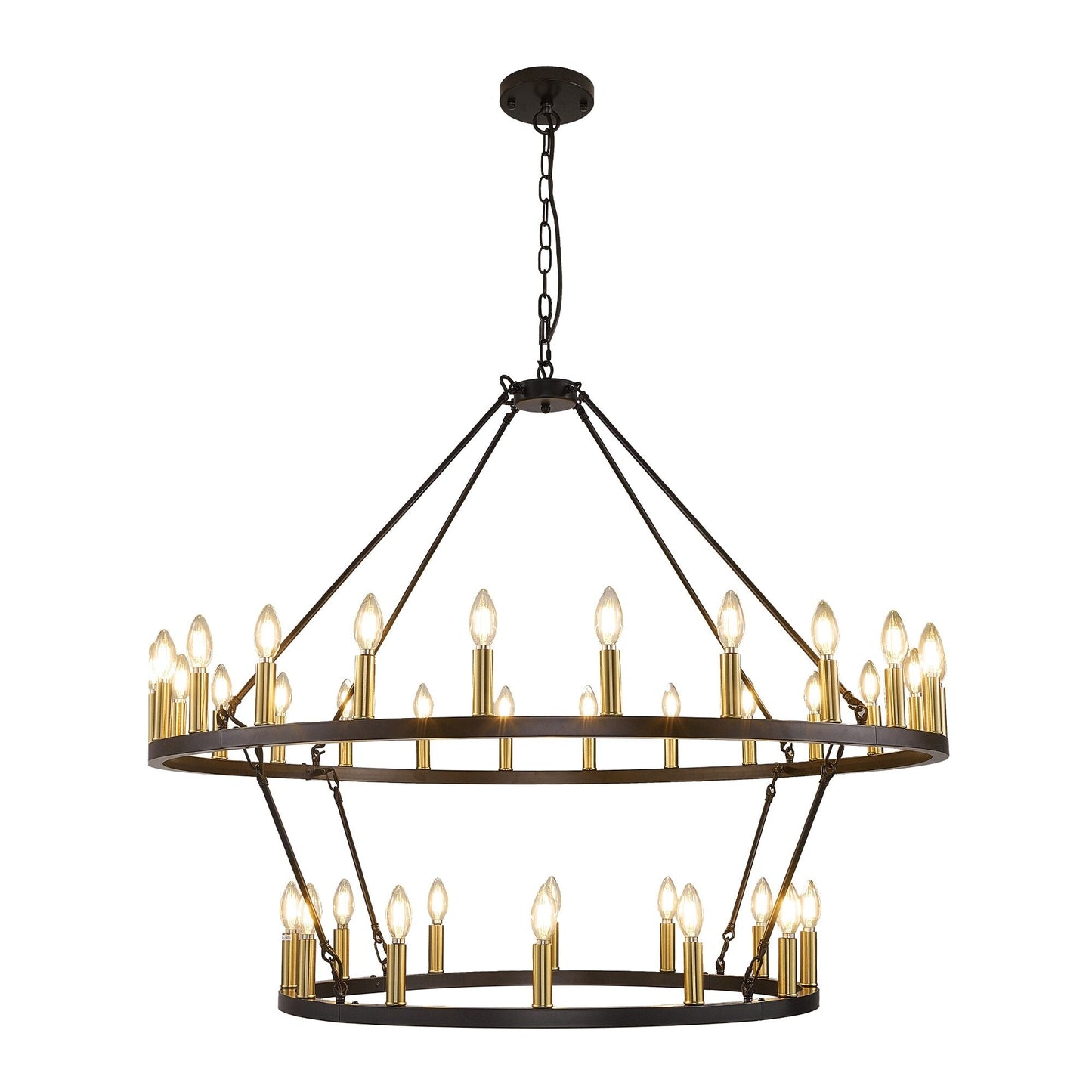 Luminaire suspendu moderne style ferme, lustre à 2 niveaux en forme de roue de charrette, grand luminaire pour plafond haut.