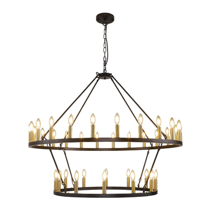 Luminaire suspendu moderne style ferme, lustre à 2 niveaux en forme de roue de charrette, grand luminaire pour plafond haut.