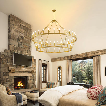 Luminaire suspendu moderne style ferme, lustre à 2 niveaux en forme de roue de charrette, grand luminaire pour plafond haut.
