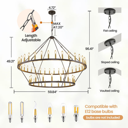 Luminaire suspendu moderne style ferme, lustre à 2 niveaux en forme de roue de charrette, grand luminaire pour plafond haut.