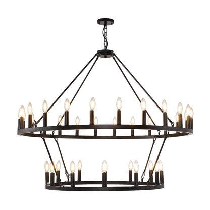 Luminaire suspendu moderne style ferme, lustre à 2 niveaux en forme de roue de charrette, grand luminaire pour plafond haut.