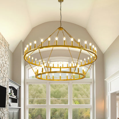 Luminaire suspendu moderne style ferme, lustre à 2 niveaux en forme de roue de charrette, grand luminaire pour plafond haut.