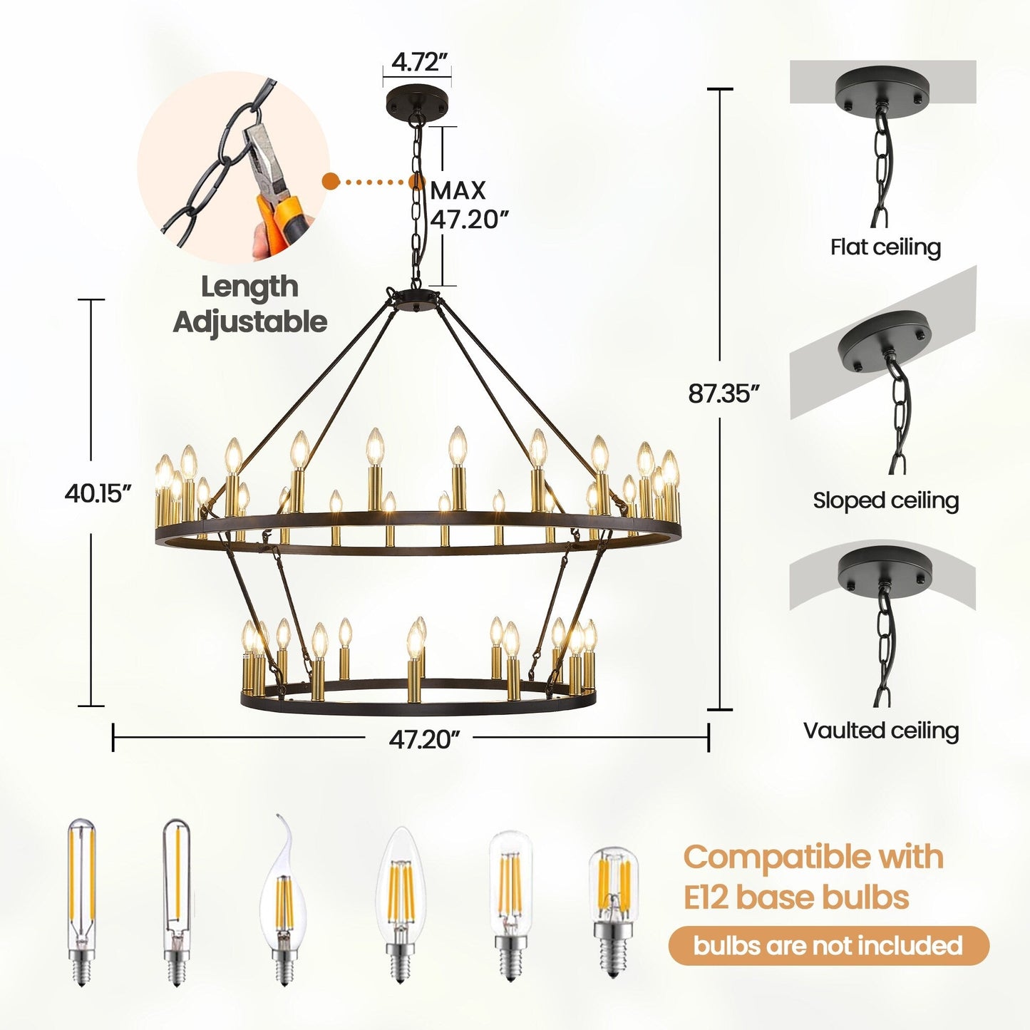 Luminaire suspendu moderne style ferme, lustre à 2 niveaux en forme de roue de charrette, grand luminaire pour plafond haut.
