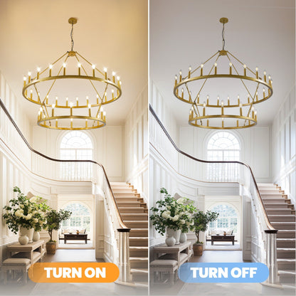 Luminaire suspendu moderne style ferme, lustre à 2 niveaux en forme de roue de charrette, grand luminaire pour plafond haut.