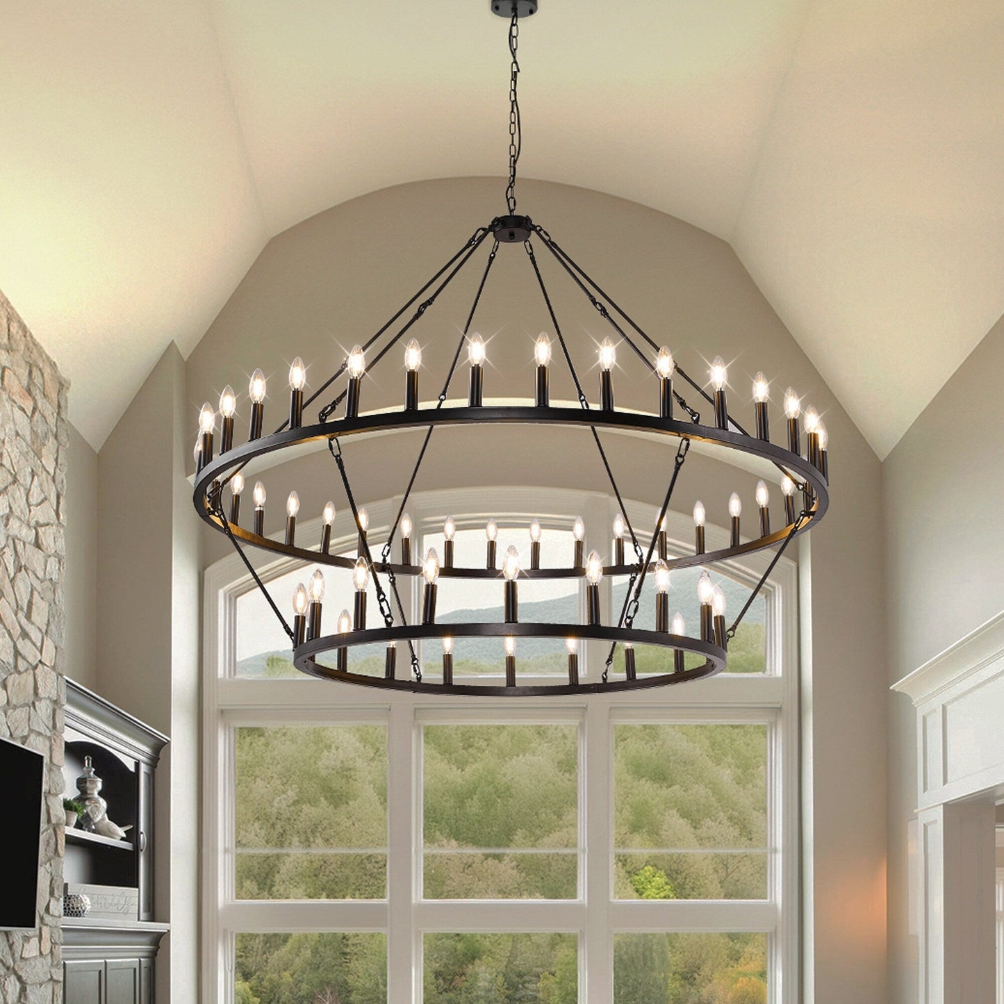 Luminaire suspendu moderne style ferme, lustre à 2 niveaux en forme de roue de charrette, grand luminaire pour plafond haut.