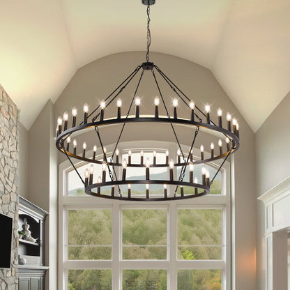 Luminaire suspendu moderne style ferme, lustre à 2 niveaux en forme de roue de charrette, grand luminaire pour plafond haut.
