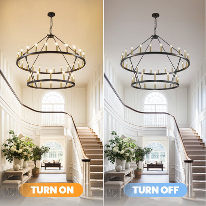 Luminaire suspendu moderne style ferme, lustre à 2 niveaux en forme de roue de charrette, grand luminaire pour plafond haut.