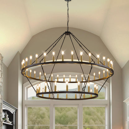 Luminaire suspendu moderne style ferme, lustre à 2 niveaux en forme de roue de charrette, grand luminaire pour plafond haut.