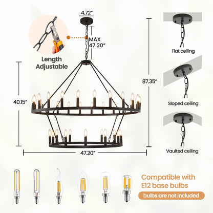 Luminaire suspendu moderne style ferme, lustre à 2 niveaux en forme de roue de charrette, grand luminaire pour plafond haut.